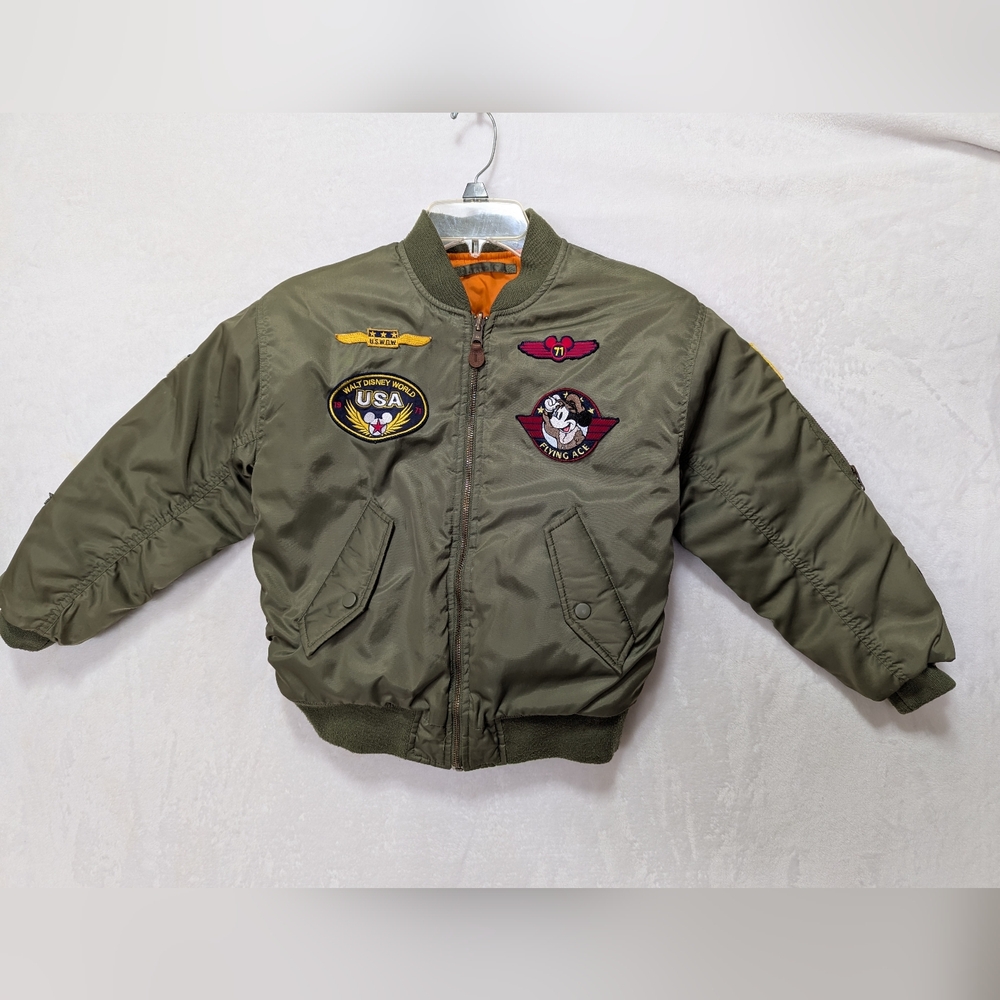 Kids Olive Green Walt Disney Bomber Jacket with Patches L